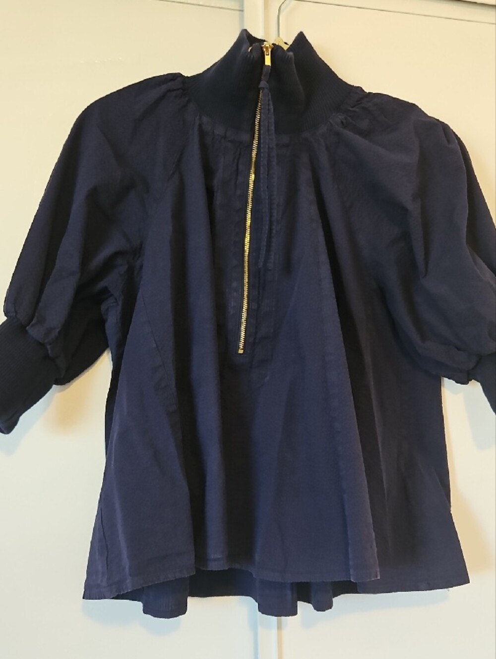 Anthropologie Navy Puff-Sleeve Zip-Front Top - Picture 2 of 3